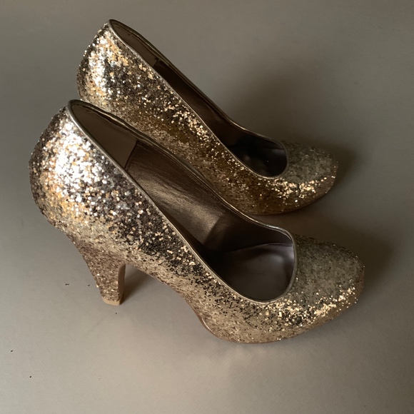 GOLD GLITTER SPARKLE KITTEN HEEL PUMP SHINY FORMAL - Picture 6 of 8